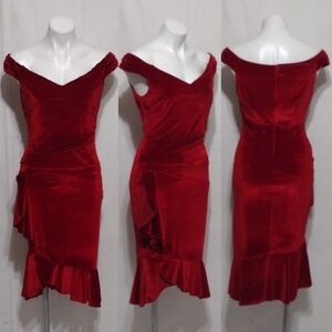 Venus Red Velvet Off Shoulder Bodycon Cocktail Dress Ruffle Evening Party Small